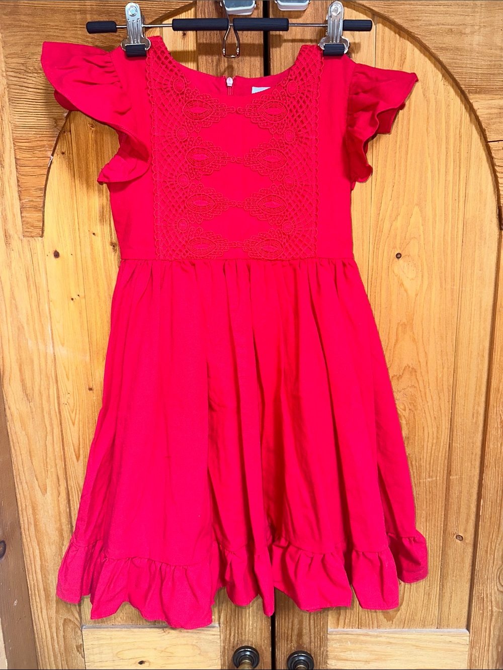 Girls' Bright Red Ruffle-Sleeve Lace-Front Dress